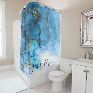 Blue Abstract Marble Shower Curtain