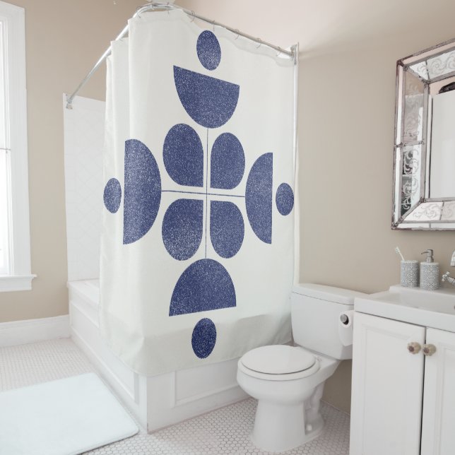 Blue abstract mid century pattern shower curtain (In Situ)