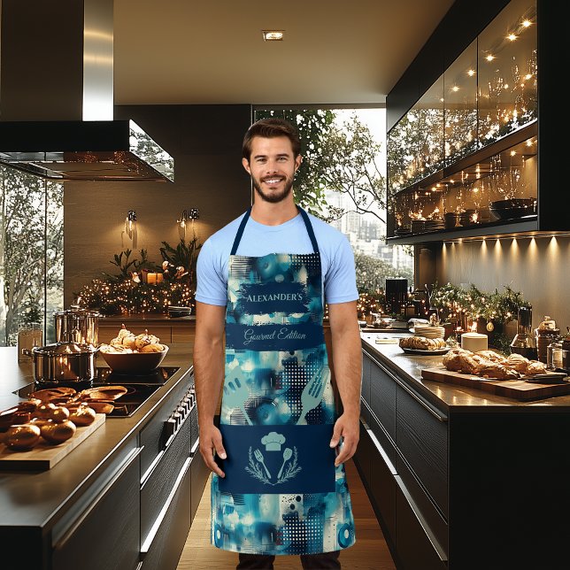 Blue Abstract - Modern Monochrome Kitchen Apron (Creator Uploaded)
