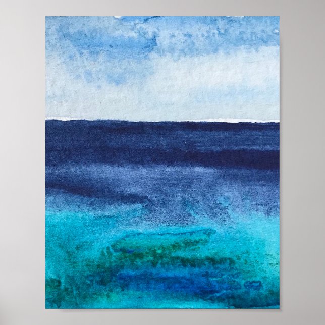 Blue abstract Nautical Seaside Ocean Art Waves Poster (Front)