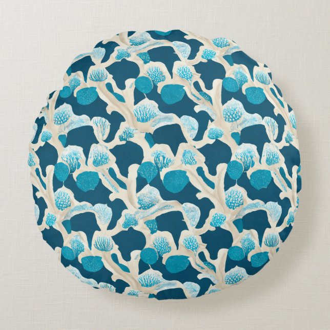 Blue Abstract Ocean Floor | Coastal Pattern Round Cushion (Front)