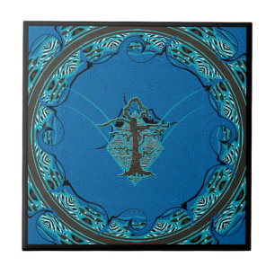Blue Abstract Old Withered Tree Style 4 Tile