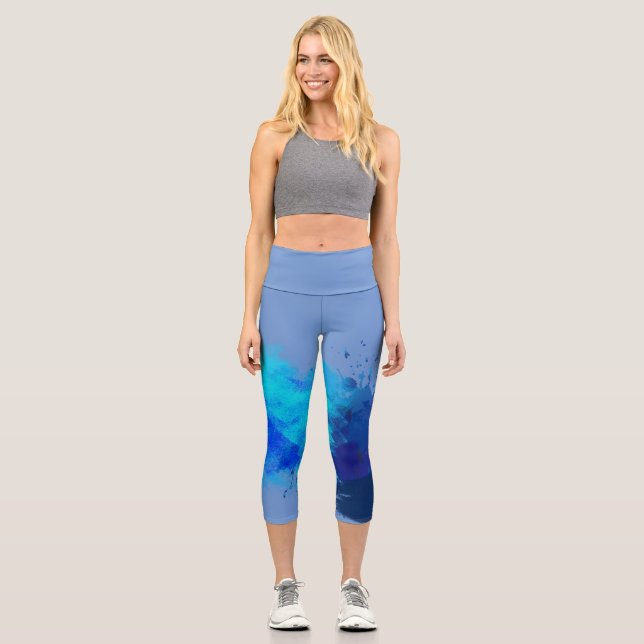 Blue abstract painting capri leggings (Front)