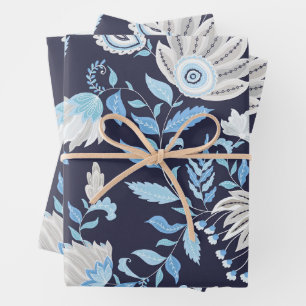Blue Abstract Paisley Flowers and Leaves Wrapping Paper Sheet