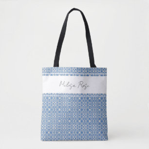 Blue Abstract Pattern Change Name Tote Bag