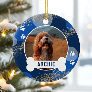 Blue Abstract Paw Print Pet Photo Ceramic Ornament