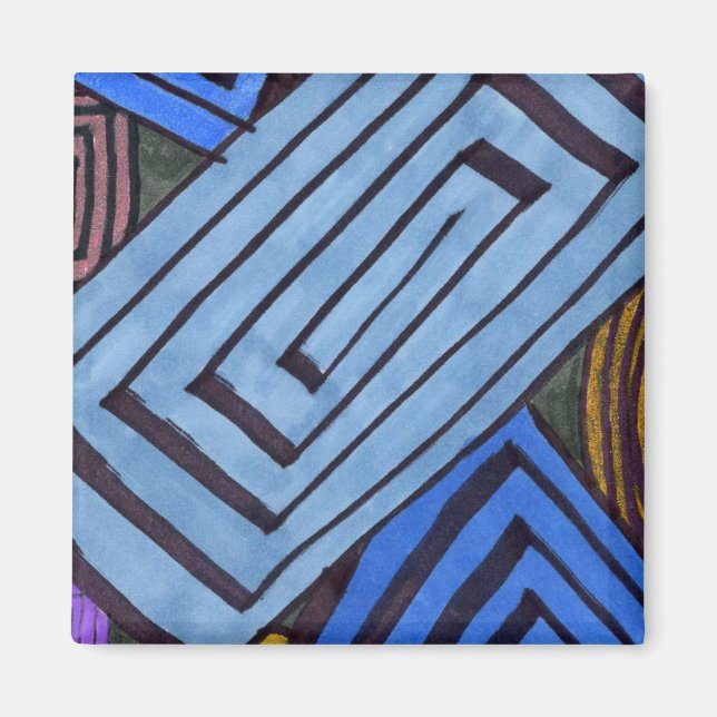Blue abstract rectangular Egyptian Coil spiral art Magnet (Front)