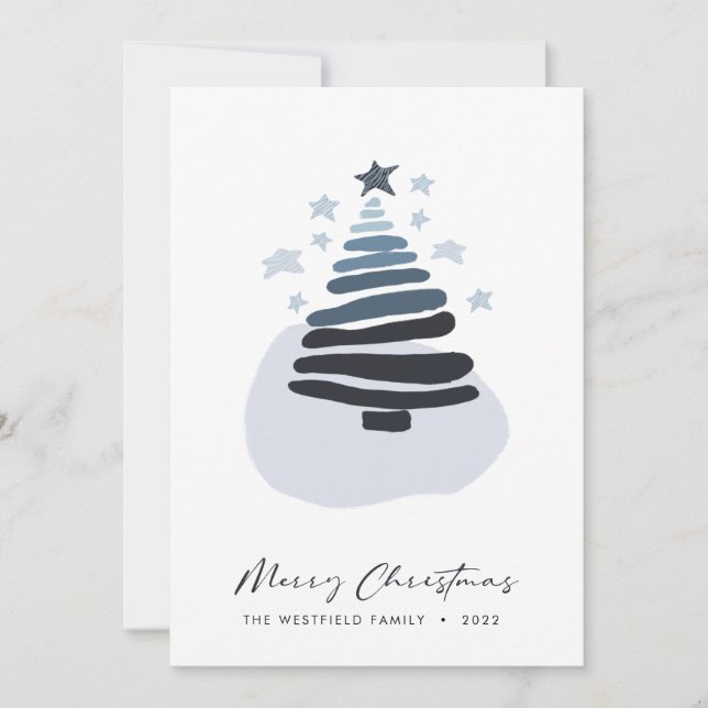 Blue Abstract Scandi Style Christmas Tree Holiday Card (Front)