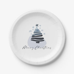 Blue Abstract Scandi Style Christmas Tree Party Paper Plate