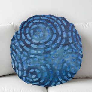 Blue Abstract Spirals Boho Batik Round Cushion