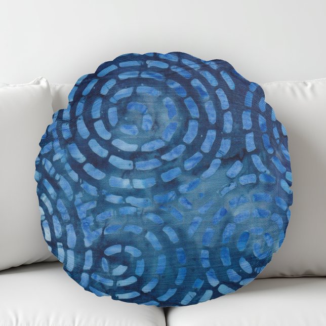 Blue Abstract Spirals Boho Batik Round Cushion (Creator Uploaded)
