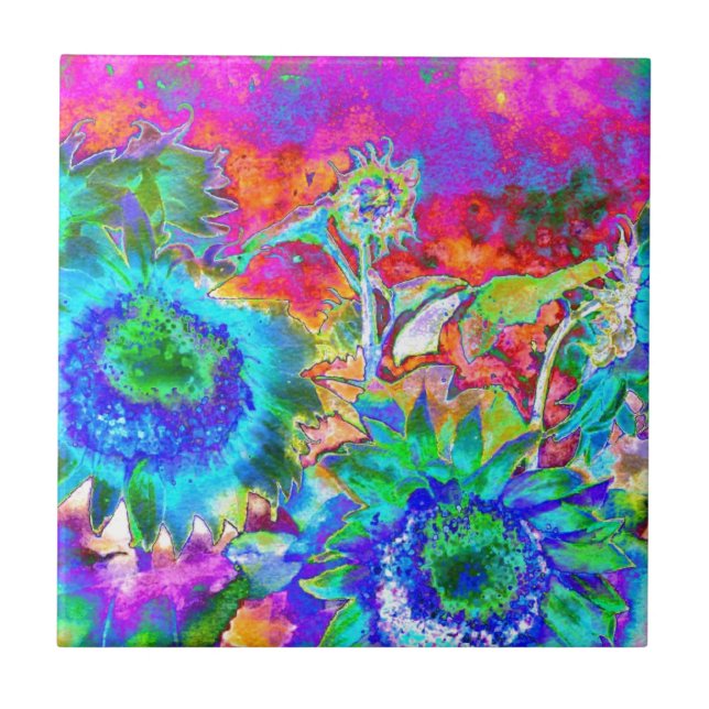 Blue abstract sunflower floral watercolor painting tile (Front)