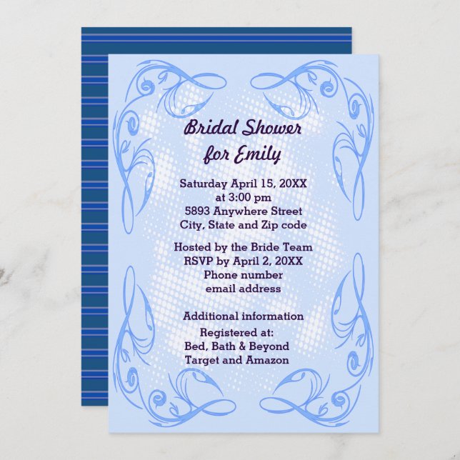 Blue Abstract Swirl Border Bridal Shower Invite (Front/Back)