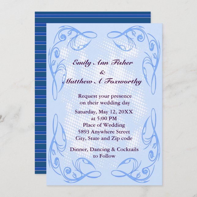 Blue Abstract Swirl Border Wedding Invitation (Front/Back)