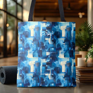 Blue Abstract Tote Bag Modern Geometric Pattern