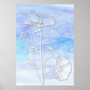 Blue Abstract Watercolor and Poppies Poster