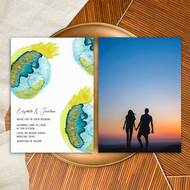 Blue Abstract Watercolor Art Unique Photo Wedding Invitation (Front/Back)