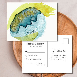 Blue Abstract Watercolor Art Unique Wedding RSVP Postcard
