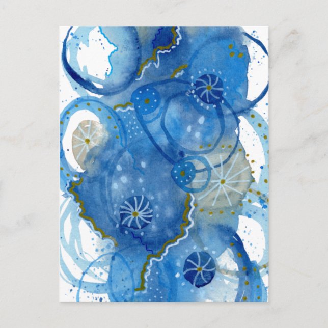 Blue Abstract Watercolor Doodle  Postcard (Front)