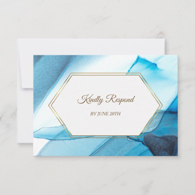 Blue Abstract Watercolor Gold Frame Menu RSVP (Front)
