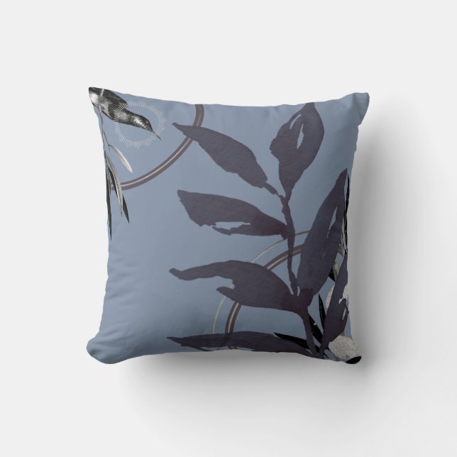 Blue Abstract Watercolor Leaves Cushion (Front)