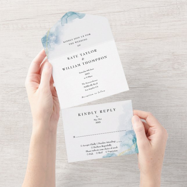 Blue Abstract Watercolor Modern Wedding All In One Invitation (Tearaway)