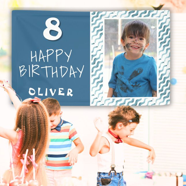 Blue Abstract Wave Boy Photo Happy Birthday Banner (Creator Uploaded)