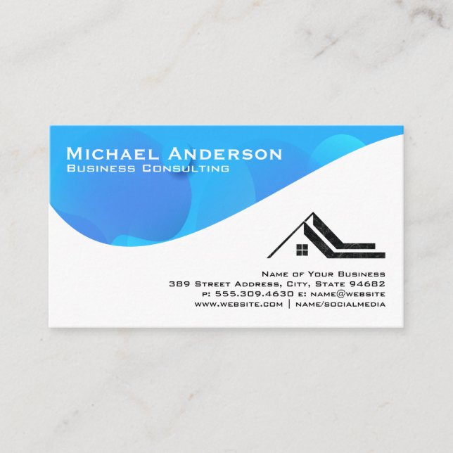 Blue Abstract Wave | Real Estate Logo Business Card (Front)