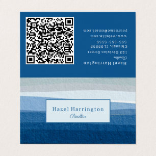 Blue Abstract Waves QR Code Folded Business Card 