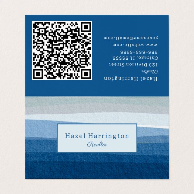 Blue Abstract Waves QR Code Folded Business Card  (Outside Unfolded)