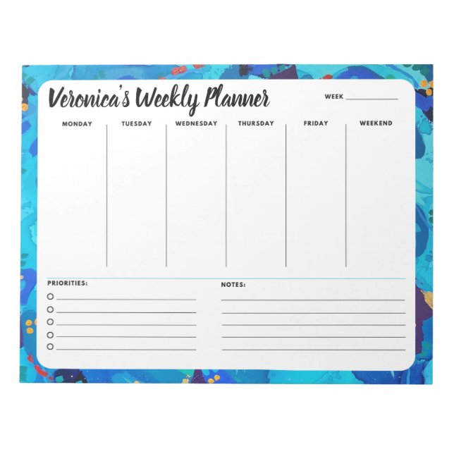 Blue Abstract Weekly To Do List Notepad Planner (Front)