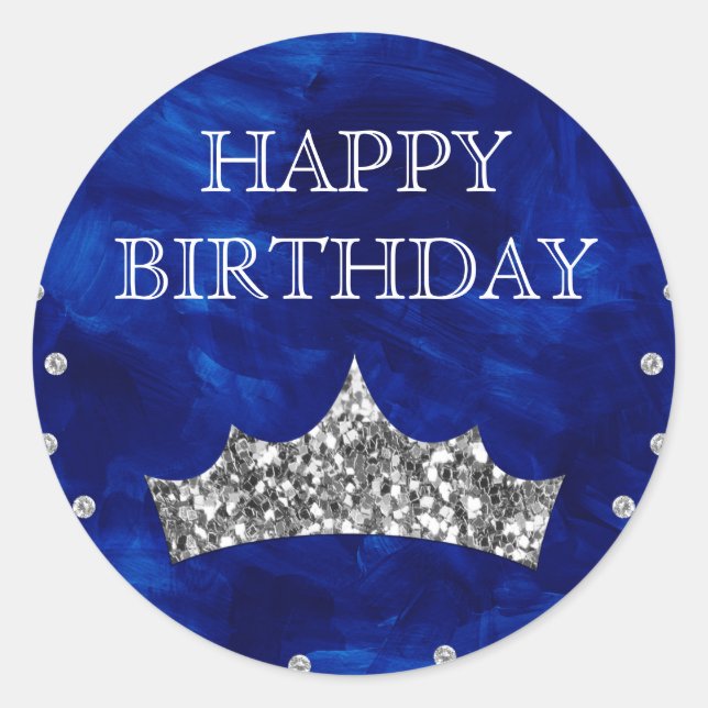 Blue Acrylic & Silver Glitter Crown Birthday Classic Round Sticker (Front)