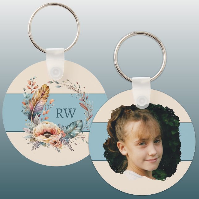 Blue add initial floral photo key ring (Creator Uploaded)