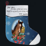 Blue ADD YOUR HORSE Photo and Name Dear Santa Large Christmas Stocking<br><div class="desc">A Blue Ombre background with snowflakes and an Oval frame for your Horse's Photo, with a ribbon tied candy cane bough at the bottom - We added a faux white toe to this stocking too - This Christmas stocking has this message written in childlike hand writing: Dear Santa, I have...</div>