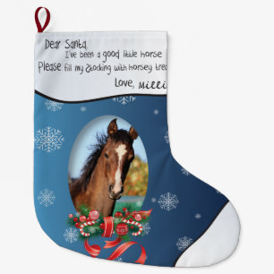Blue ADD YOUR HORSE Photo and Name Dear Santa Large Christmas Stocking