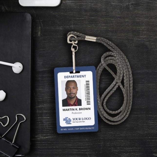 Blue Add Your Logo Bar Code & Photo ID Badge (Creator Uploaded)