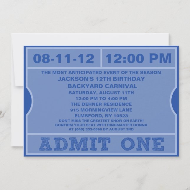 Blue Admit One Ticket Invitation Birthday Party (Front)