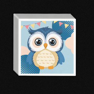 Blue Adorable Woodland Baby Owl Baby Shower Napkin