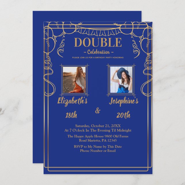 Blue Adult Joint Birthday Party  2 Photo Invitation (Front/Back)