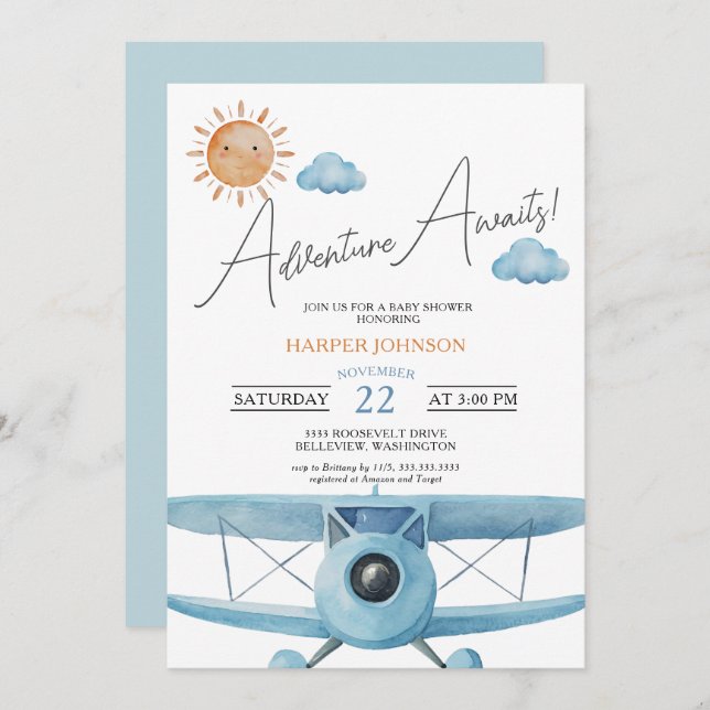 Blue Adventure Awaits Aeroplane Baby Shower Invitation (Front/Back)