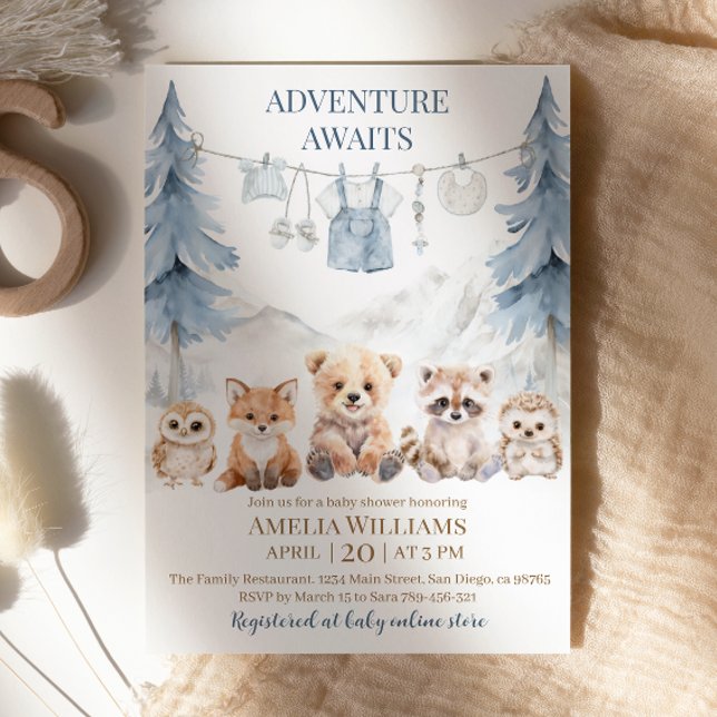 Blue Adventure Awaits Woodland Baby Shower Invitation (Creator Uploaded)