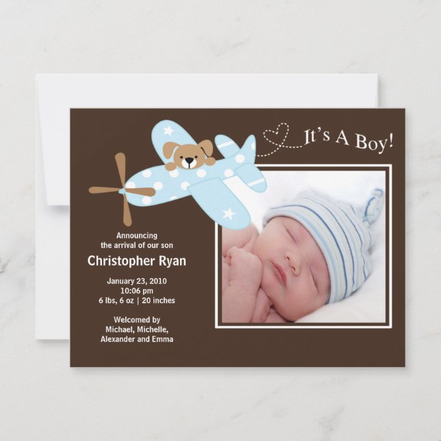 Blue Aeroplane Baby Boy Birth Annoucement Announcement (Front)