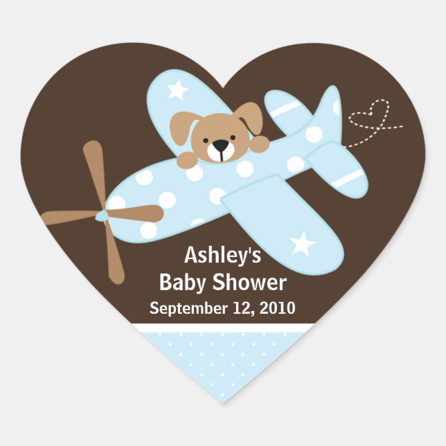 Blue Aeroplane Baby Shower Heart Sticker (Front)