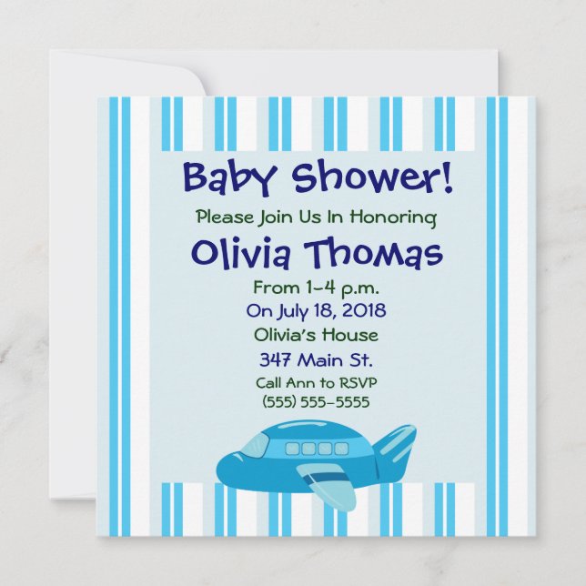 Blue Aeroplane Baby Shower Invitations (Front)