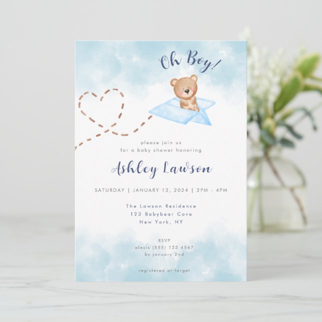 Blue Aeroplane Bear Baby Shower Invitation-Boy Invitation (Standing Front)