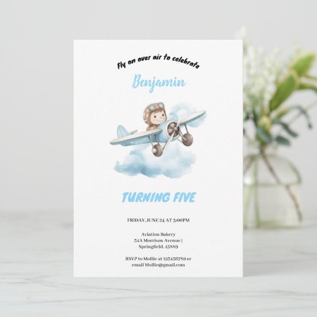 blue aeroplane birthday  invitation (Standing Front)