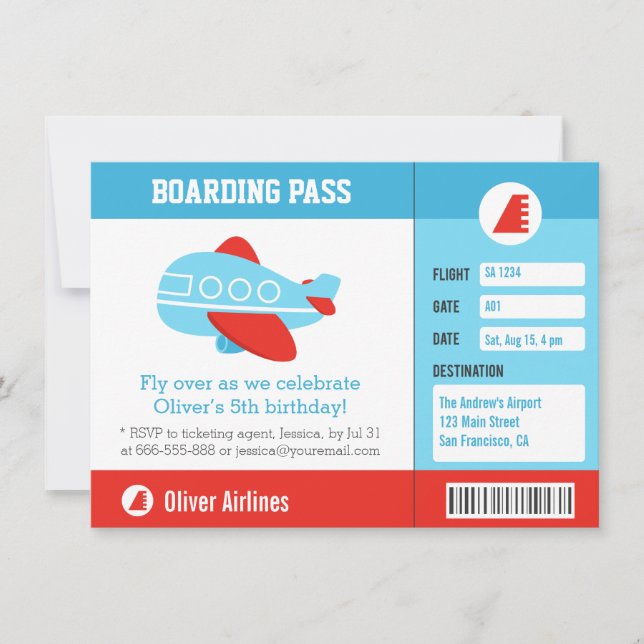 Blue Aeroplane Boarding Pass Birthday Party Invitation (Front)