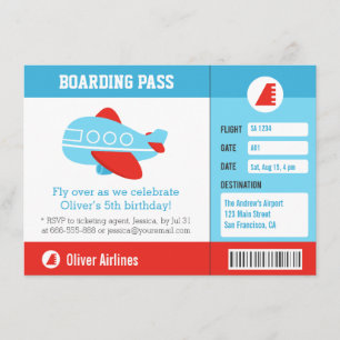 Blue Aeroplane Boarding Pass Birthday Party Invitation