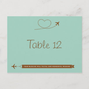 Blue Aeroplane Heart Wedding Table Number Card
