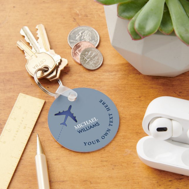 blue aeroplane keychain with name (Desk)